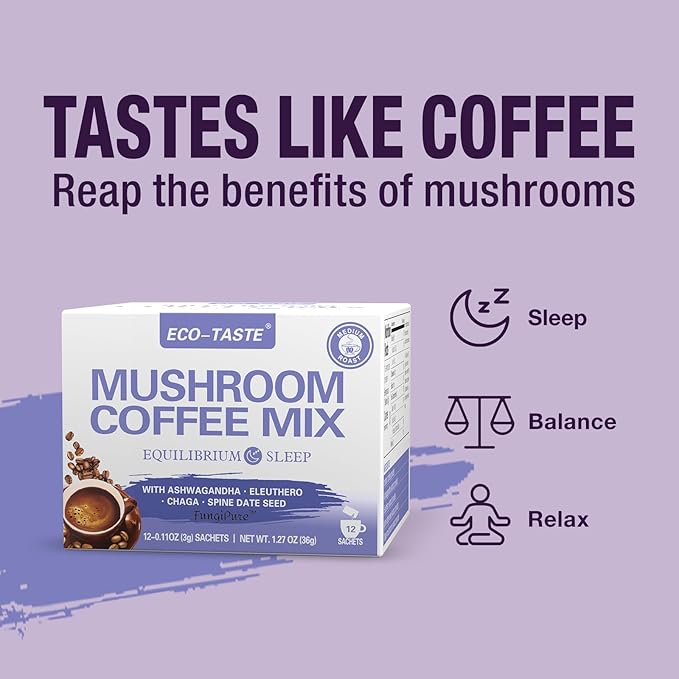 ECO-TASTE Mushroom Coffee Mix, Designed for Balance with Ashwagandha, Eleuthero, Chaga, Spine date seed – 12 Sachets