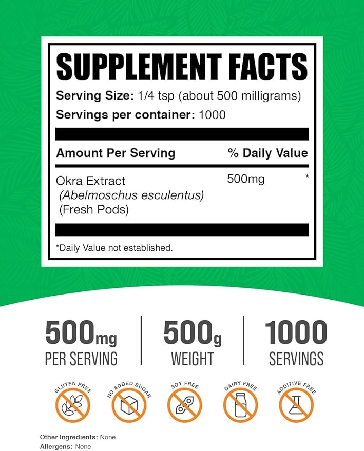 BulkSupplements.com Okra Extract Powder - Okra Supplement, Source of Fiber, Herbal Supplement - Vegan & Gluten Free, 500mg per Serving, 500g (1.1 lbs) (Pack of 1)