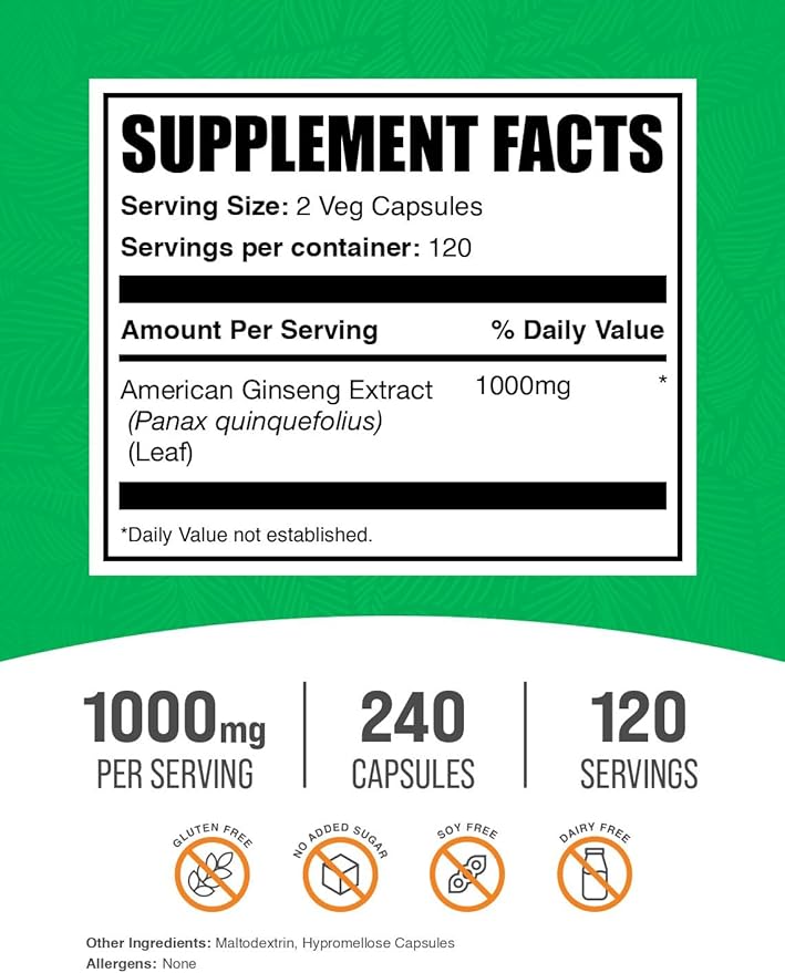 BulkSupplements.com American Ginseng Capsules - American Ginseng Extract, Ginseng Herbal Supplement - Vegan, 2 Capsules per Serving, 240 Veg Capsules (Pack of 1)