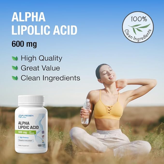 Puregen Labs Alpha Lipoic Acid 600mg [High Potency] 180 Servings - Antioxidant Support | No Harmful Additives | Non-GMO, NO Gluten and Dairy, 600 mg per Veggie Capsule - Made in USA