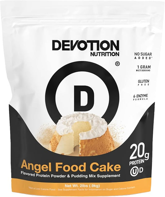 Devotion Nutrition Protein Powder Angel Food Cake – 20g Whey Isolate & Casein Protein Blend – No Added Sugar, Low Carb, Gluten-Free, Keto-Friendly, 1g MCT, Kosher – 2lb Pouch