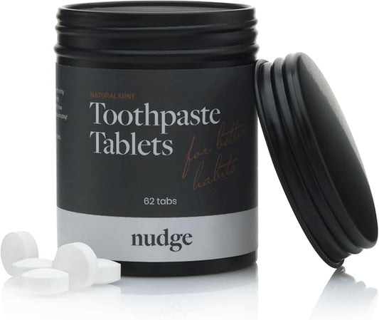 Nudge Toothpaste Tablets, 10% Nano Hydroxyapatite Remin+ Formula, Fluoride-Free, SLS-Free, All-Natural, Natural Whitening & Remineralizing, TSA-Approved, Mild Mint, 62 Tabs
