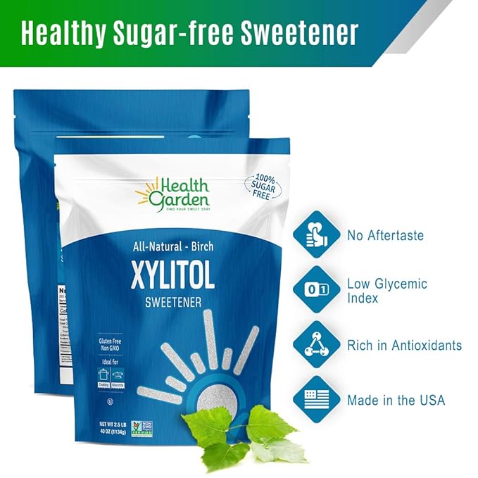 Health Garden Birch Xylitol Sweetener - 2.5 LB Resealable Bag - Pure Birch Xylitol - Non GMO, Kosher, and Made in the U.S.A. - Ideal Powdered Sugar Substitute - Non-GMO Sugar Alternative