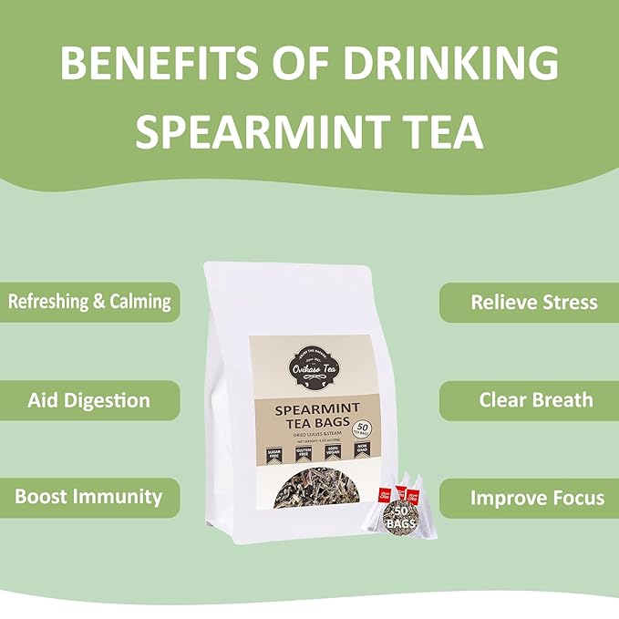 Ovikaso Tea, Spearmint Tea Bags, 50 Pyramid Tea Bags, 2g/bag, Natural Spearmint Leaves, Direct from Source, Brew Hot or Iced Tea, Baking, Cocktail, Rich in Antioxidants, Herbal Tea