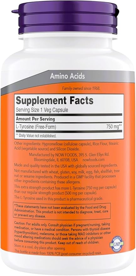 NOW Foods Supplements, L-Tyrosine 750 mg, Supports Mental Alertness*, Neurotransmitter Support*, 180 Veg Capsules