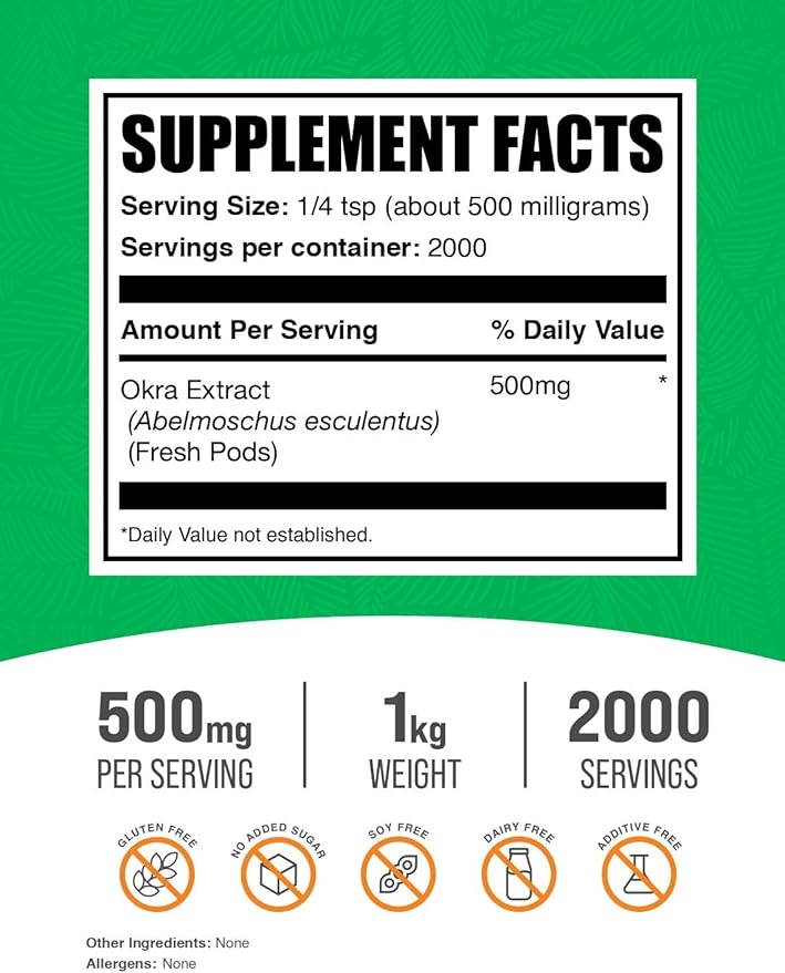 BulkSupplements.com Okra Extract Powder - Okra Supplement, Source of Fiber, Herbal Supplement - Vegan & Gluten Free, 500mg per Serving, 1kg (2.2 lbs) (Pack of 1)