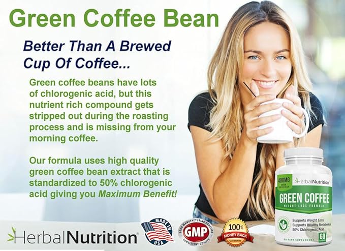 Herbal Nutrition BOGO Pure Green Coffee Bean Extract, Two Bottle Pack, 120 Capsules, Multi-Level Dosing 400mg - 1200mg Per Serving, 50% Chlorogenic Acid. Weight Loss & Cleanse Supplement