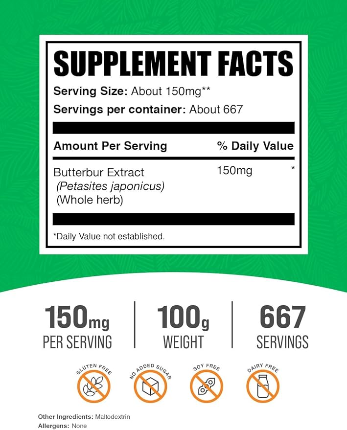 BulkSupplements.com Butterbur Extract Powder - Butterbur Supplements, Antioxidants Supplement - Vegan & Gluten Free, 150mg per Serving, 100g (3.5 oz) (Pack of 1)