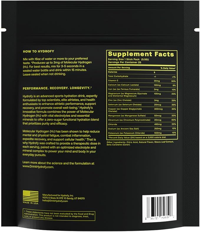 Hydrogen Water + Electrolytes Drink Mix | H2 Hydration Packets with Molecular Hydrogen, Sodium, Potassium, Magnesium, Calcium, and Minerals | No Sugar | Lemon Lime | 25 ct