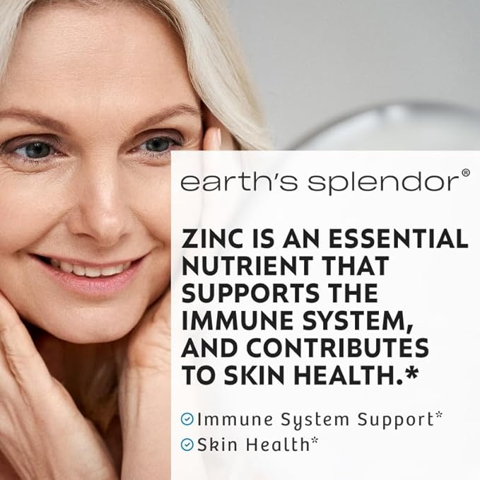 Earth's Splendor Immune Support Supplements, with Zinc 50mg, Helps Maintain Skin Health, Wheat Free, No Artificial Color or Flavor, Mineral Supplements for Men & Women (100 Tablets)