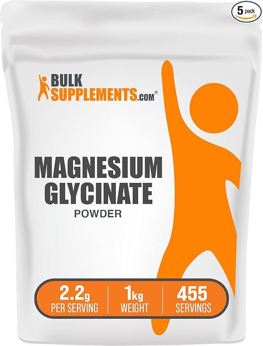 BulkSupplements.com Magnesium Glycinate Powder - Magnesium Glycinate 400mg, Highly Absorbable - Gluten Free, 2.2g per Serving, 1kg (Pack of 5) (11 lbs)