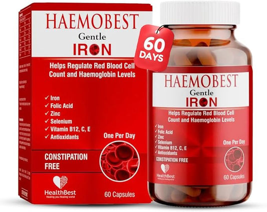 Haemobest Gentle Iron Power Capsules with Vitamin C - 60 Count - Boost Haemoglobin, Gentle on Stomachs - Non-Constipating Formula - Enhances Red Blood Cells Support