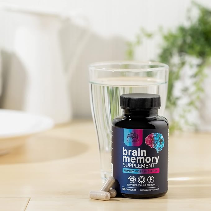 Brain Memory Supplement Pills - Nootropics Support for Concentration, Clarity, Alertness & Focus - Brain Health with Bacopa, Cognitive Vitamins, Phosphatidylserine, DMAE - Brain Booster - 60 Capsules