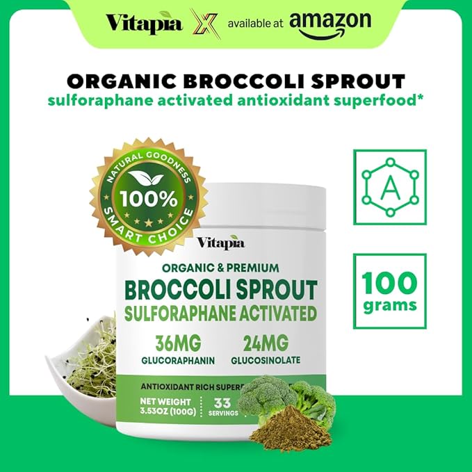 Organic Broccoli Sprout Powder - High in Sulforaphane & Antioxidant, Cognitive Health Support - 30 Day Supply - Non GMO & Gluten Free, 33 Servings (Pack of 1)