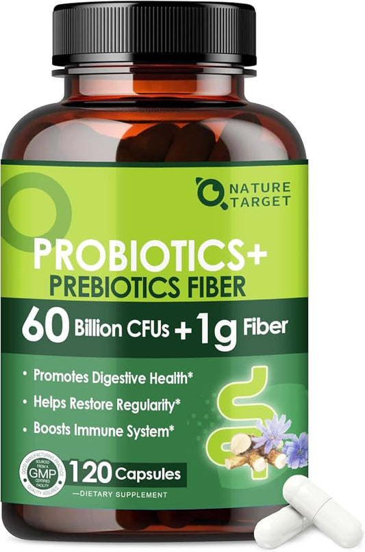 NATURE TARGET Prebiotic Fiber Supplement with 60 Billion Probiotics for Digestive Health - Prebiotics and Probiotics for Women & Men Regularity, Supports Occasional Constipation - 120 Veggie Capsules
