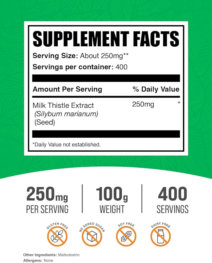 BulkSupplements.com Milk Thistle Extract Powder - Herbal Supplement, Milk Thistle Supplement - Gluten Free, 250mg per Serving, 100g (3.5 oz) (Pack of 1)