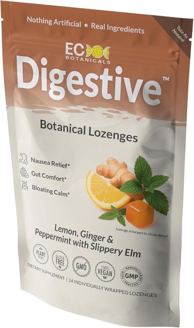 Digestive Blend Functional Hard Candy | Nausea, Travel Sickness, Stomach Gut Upset | Organic Lemon, Ginger, Peppermint, Slippery Elm | Gluten-Free, Non-GMO, Vegan - 24 Count (Pack of 1)