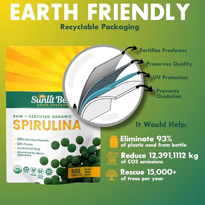 Sunlit Best Spirulina Tablets - Organic Spirulina Tablets USDA Premium 500 Count - Natural Spirulinas Organic Burst for Immune Support Muscle Growth, Energy Boost w/Chlorophyll - High Protein, Non GMO