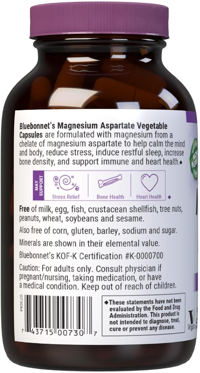 Bluebonnet Nutrition Magnesium Aspartate, Stress Relief*, Bone Health*, Heart Health*, Non-GMO, Vegan, Kosher Certified, Gluten-Free, Soy-Free, Dairy-Free, 100 Vegetable Capsules, 50 Servings