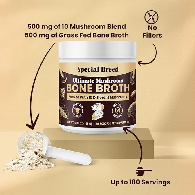 Beef Bone Broth for Dogs - Dog Bone Broth Powder with Ten Organic Mushrooms - High Protein + Ten Mushroom Supplement for Joint Flexibility, Immune Support, Cognition, Vitality, Hydration - 180 Scoops