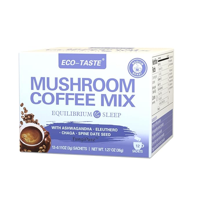 ECO-TASTE Mushroom Coffee Mix, Designed for Balance with Ashwagandha, Eleuthero, Chaga, Spine date seed – 12 Sachets