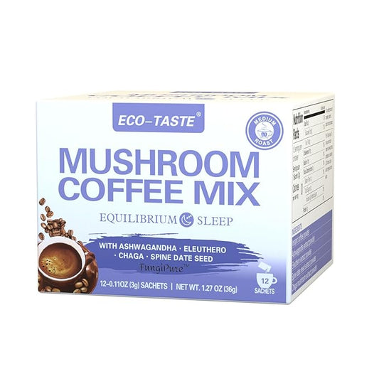 ECO-TASTE Mushroom Coffee Mix, Designed for Balance with Ashwagandha, Eleuthero, Chaga, Spine date seed – 12 Sachets