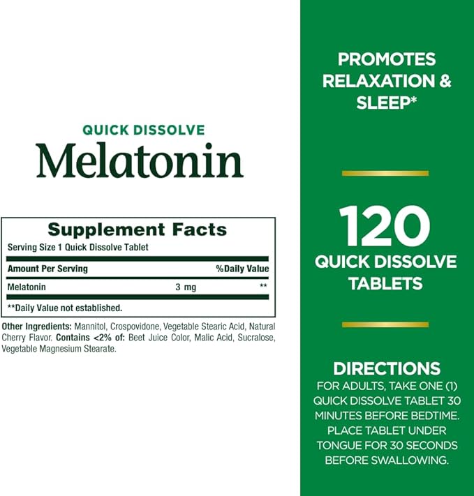 Nature's Bounty Melatonin, Promotes Relaxation & Sleep, 100% Drug Free Sleep Aid, 3 mg, 120 Quick Dissolve Tablets