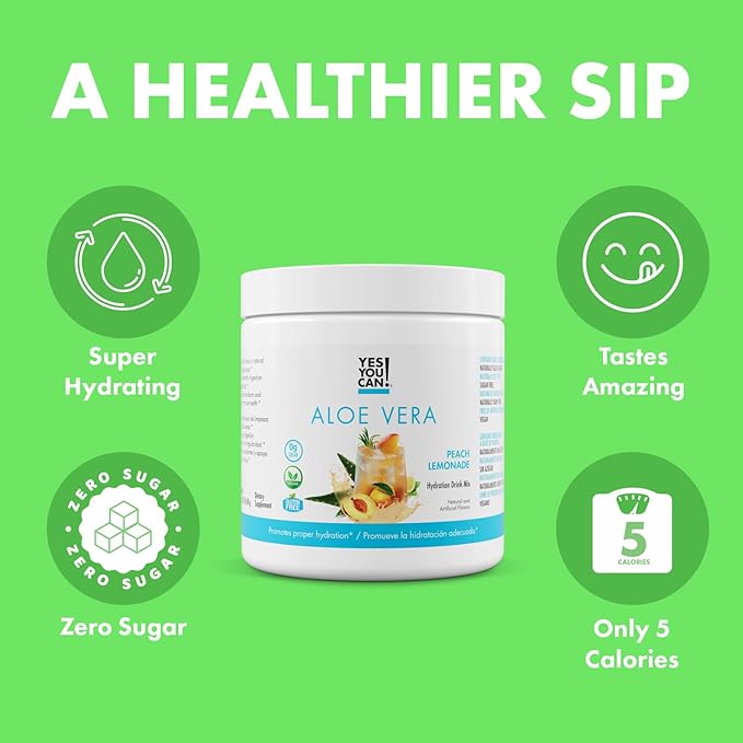 Yes You Can! Organic Aloe Vera Powder Drink Mix - Hydration Booster Infused with Pure Aloe Juice - Delicious Flavors - Made in USA - Antioxidant Rich - Peach Lemonade Flavor - 40 Servings Per Canister (2 Pack)