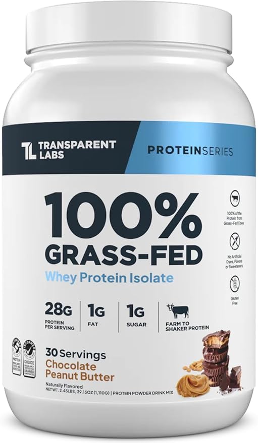 Transparent Labs Grass-Fed Whey Protein Isolate - Naturally Flavored, Gluten Free Whey Protein Powder with 28g of Protein per Serving & 9 Amino Acids - 30 Servings, Chocolate Peanut Butter