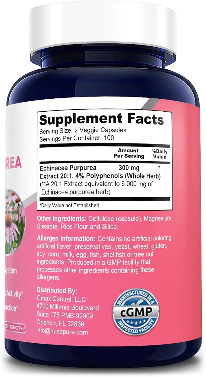 NusaPure Echinacea 20:1 Extract, 300 mg Equivalent to 6,000mg 200 Veggie Caps, Vegan, Non-GMO, Gluten Free Supplement