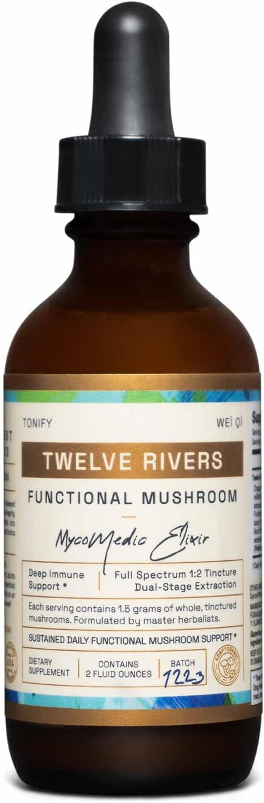 Twelve Rivers Functional Mushroom MycoMedic Elixir Tincture – 1:2 True Dual-Stage Extraction – Spiced Winter Chai – 2 Fluid Ounce Bottle