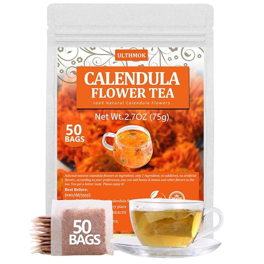 Premium 50 Calendula Flower Tea Bags, Made with 100% Natural Calendula Flowers，For Skin Health & Support Wellness, No Additives & Caffeine Free.