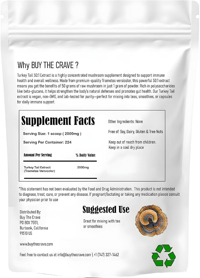 Organic Non-GMO Freeze Dried Turkey Tail Mushroom Powder (50:1 Extract), 16 Ounces | Freeze Dried Longer Shelf Life, Supports Immune Response & Cellular Level (16 OZ)