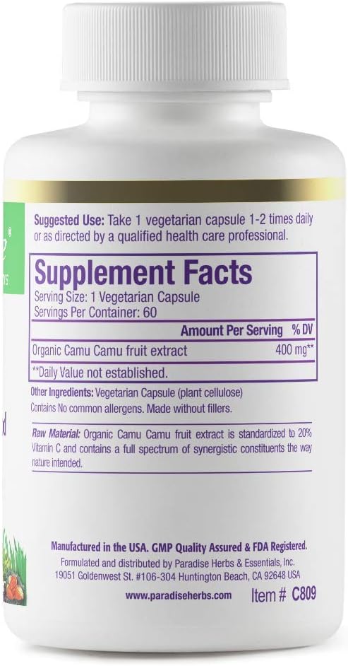 Paradise Herbs, Organic Camu Camu Extract, 400 mg, Rich in Vitamin C, Pure & Potent, Gluten Free, Non-GMO, Vegan, 60 Capsules
