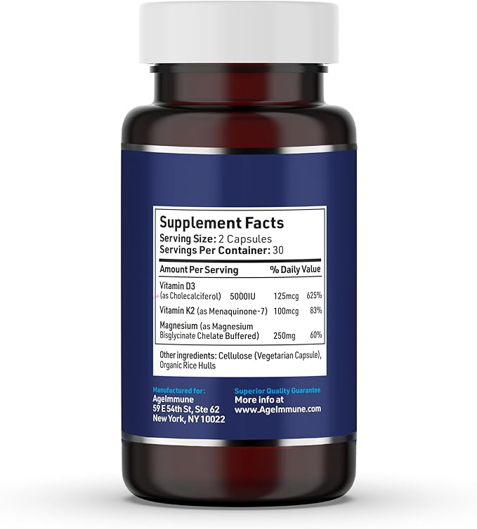 Brilliant D3+ Complex - 60 Capsules - 5000 IU Vitamin D3 + K2 + Magnesium Glycinate Supplement - Doctor Formulated for Immune & Bone Support - No Stearates, No Dioxides