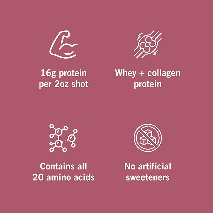 Protein Drink, 16g Protein Per 2oz Shot, 32 fl oz Carton, Berry, Collagen and Whey Drink, No Artificial Sweeteners
