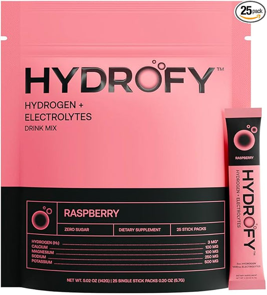 Hydrogen Water + Electrolytes Drink Mix | H2 Hydration Packets with Molecular Hydrogen, Sodium, Potassium, Magnesium, Calcium, and Minerals | No Sugar | Raspberry 25 Ct