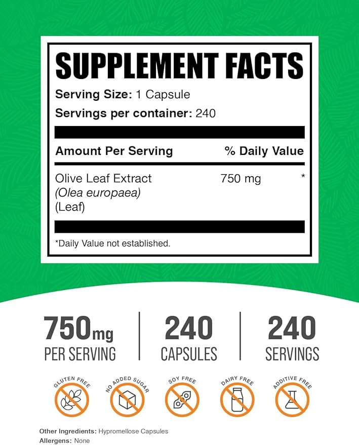 BulkSupplements.com Olive Leaf Extract Capsules - Olive Leaf Supplement, Olive Leaf Capsules - Immune Support, Gluten Free, 1 Capsule per Serving, 240 Veg Capsules (Pack of 1)