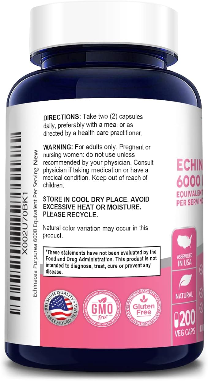 NusaPure Echinacea 20:1 Extract, 300 mg Equivalent to 6,000mg 200 Veggie Caps, Vegan, Non-GMO, Gluten Free Supplement