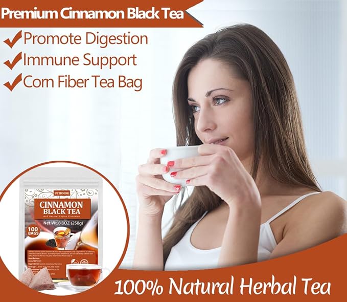 Premium 100 Cinnamon Black Tea Bags,Made with Natural Ceylon Cinnamon & Ceylon Black Tea, 100% No Artificial Flavors & No Additives.
