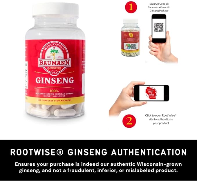 Baumann Wisconsin Ginseng Capsules 60 Pills 400 mg – Pure American Ginseng Root Extract Powder in Each Pill - 100% Natural Panax Ginseng Supplement for Immune Support, Focus and Energy (60 Count)
