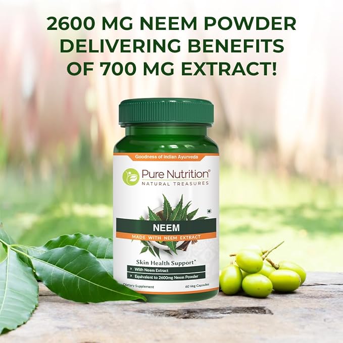 Pure Nutrition Neem Capsules 700mg. (Equivalent to 2600mg Neem Leaf Powder and Bark Powder) Non GMO | Once Daily | 60 Days Supply.