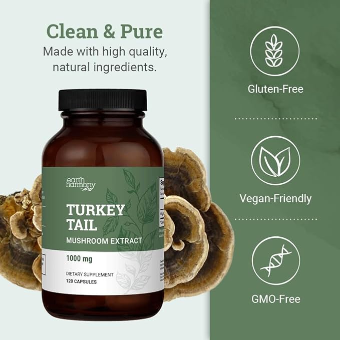 Earth Harmony Organic Turkey Tail Mushroom Capsules (1200mg Pure Extract) - Superfood Mushroom Supplement Helps Support Brain Health - Premium Powder Extract - 120 Capsules (2-Month Supply)