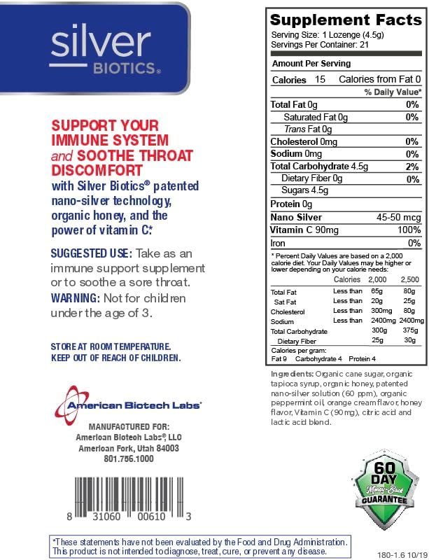 Silver Biotics Colloidal Silver Lozenges | 60 ppm SilverSol Ag₄O₄ Technology | Immune Support + Throat Soothing | Orange Vitamin C | 21 Count