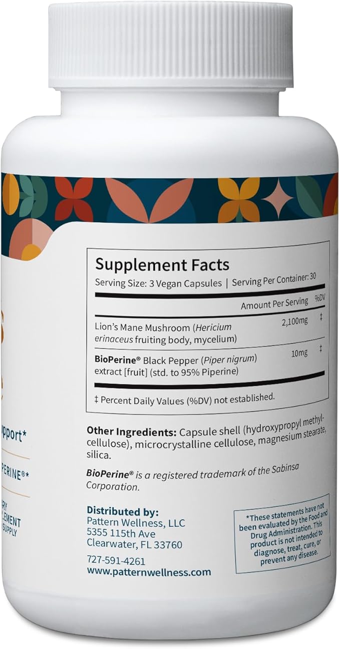 Pattern Wellness Lion’s Mane Mushroom – Supplement Capsules for Cognitive & Focus Support – Enhanced Absorption – 90 Vegan Capsules