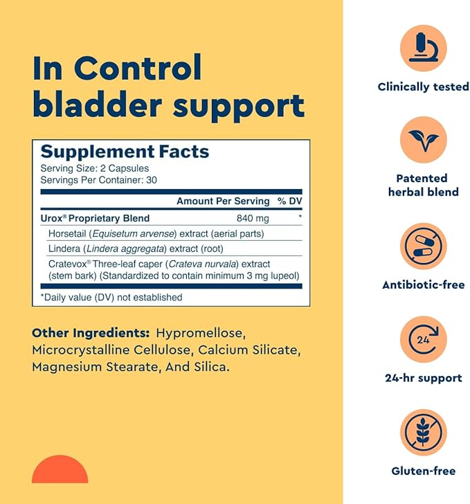 Uqora in Control Bladder Support - Daily Bladder Care & Support for Urinary Comfort - Made with botanicals, Like Horsetail & Spicebush - Gluten-Free & Vegetarian - 120 Capsules (2 Pack)