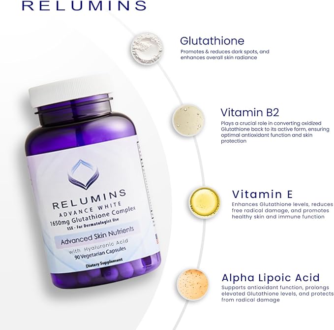 Relumins 1650mg L-Glutathione Complex with Hyaluronic Acid, Alpha Lipoic Acid, Rose HIPS, Vitamin E & Riboflavin – Antioxidant Support, Skin Hydration & Wellness – 90 Veggie Capsules x 5 Bottles