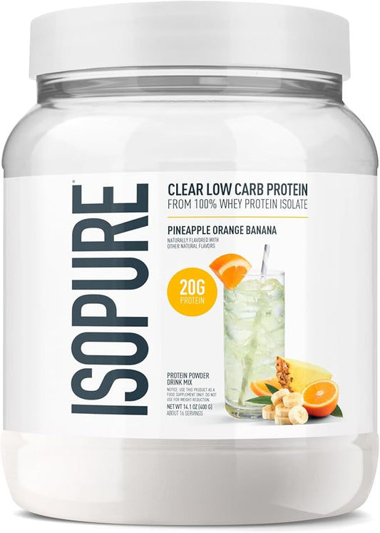 Isopure Clear Whey Isolate Protein Powder, No Gluten or Lactose, Naturally Flavored, Pineapple Orange Banana, 20g Protein Per Serving, 14.1 Oz, 16 Servings (Packaging May Vary)