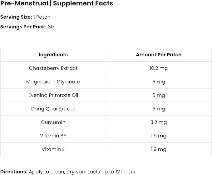 Pre Menstrual Patch | Chasteberry, Magnesium, Evening Primrose, Dong Quai, B6 & Vitamin E | 30 Patches