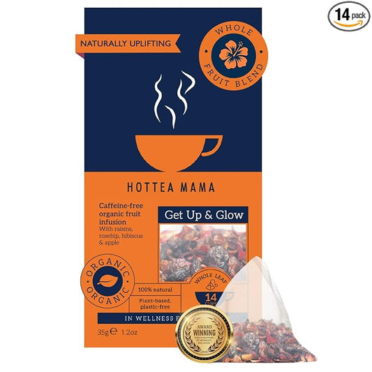HOTTEA MAMA | Get Up & Glow | Organic Hibiscus Fruit Blend | Caffeine-Free | Antioxidant, Vitamin C | 14 Whole Leaf Biodegradable Tea Bags